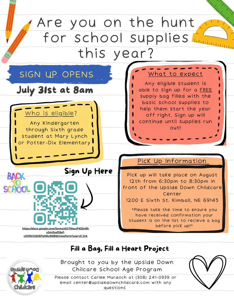 Sign up for a bag of school supplies using the QR code beginning July 31st.