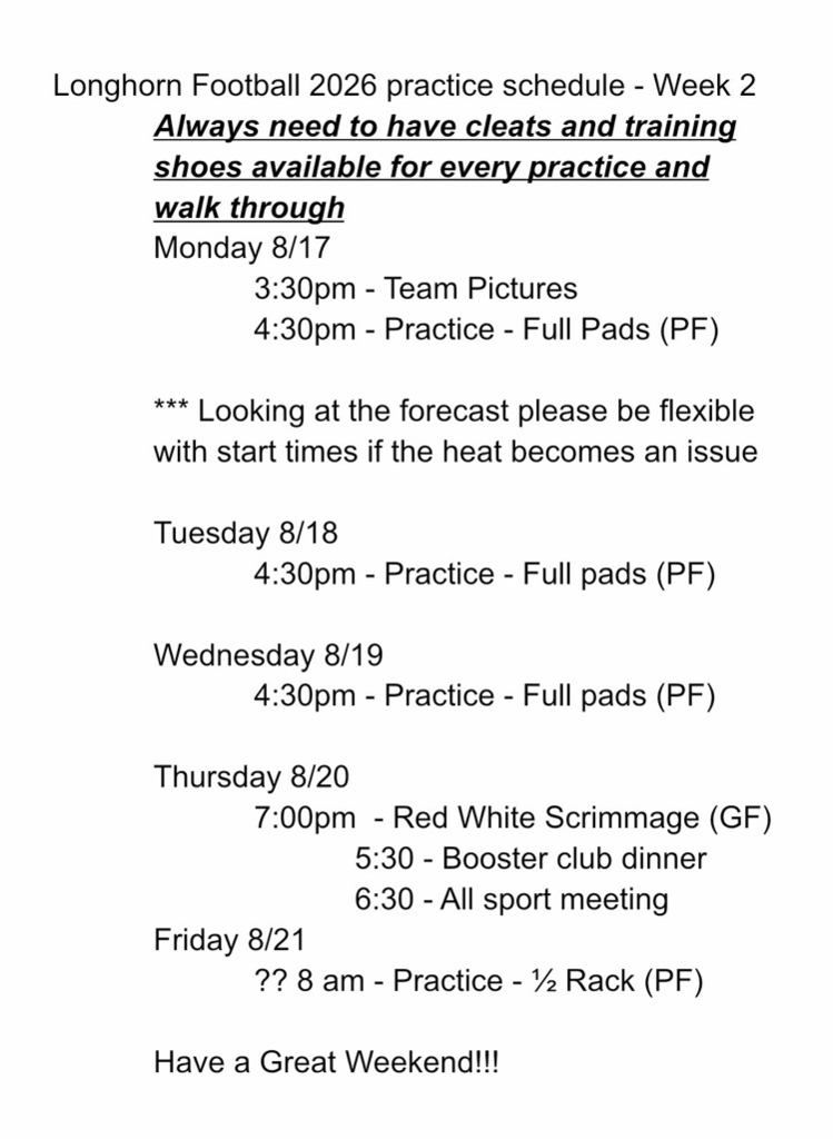 Week 2 practice schedule