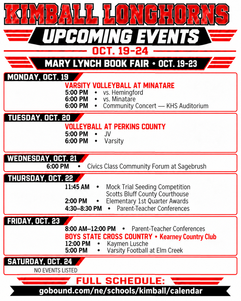 Weekly schedule of events for Kimball Longhorns. Dates from Oct. 19 to Oct. 24. Includes book fair, sports events, and school activities.