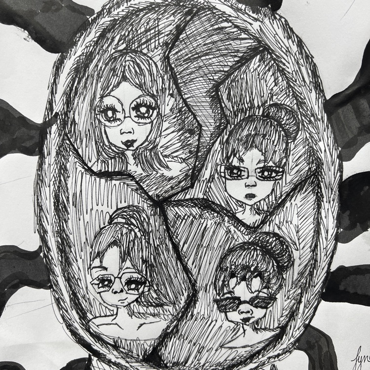 Black and white drawing of four faces of young girls in glasses, inside a cracked egg shape.