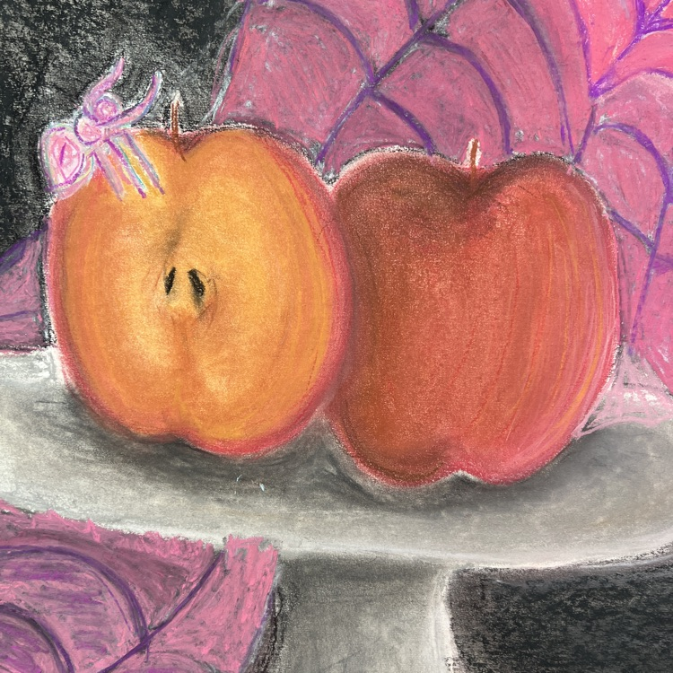 Drawing of two apples in red and orange on a table with pink and purple background.