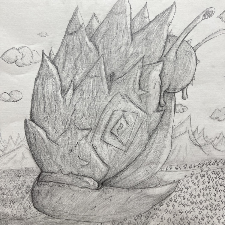 A black and white drawing of a large snail with mountains on its back.