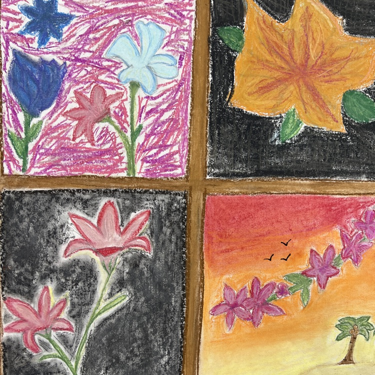 Four square artwork displays flowers and leaves in various colors on a white background.