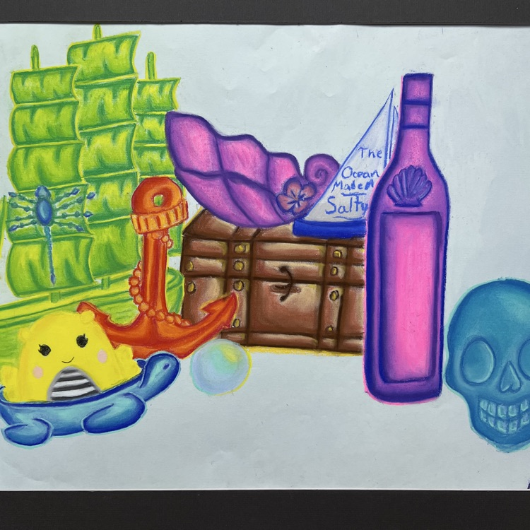 A pastel still life drawing of a variety of sea inspired objects.