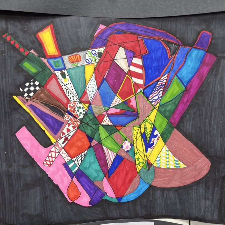 Multicolored abstract artwork with geometric shapes, lines, and patterns on a black background.