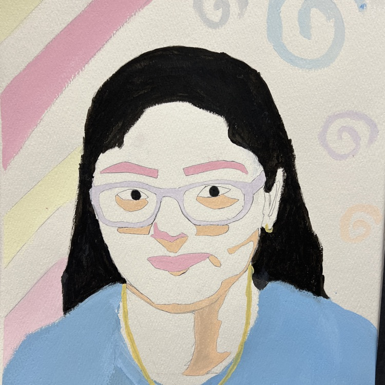 Painting of a woman with black hair, blue top, and white glasses with pink frames against colorful background.