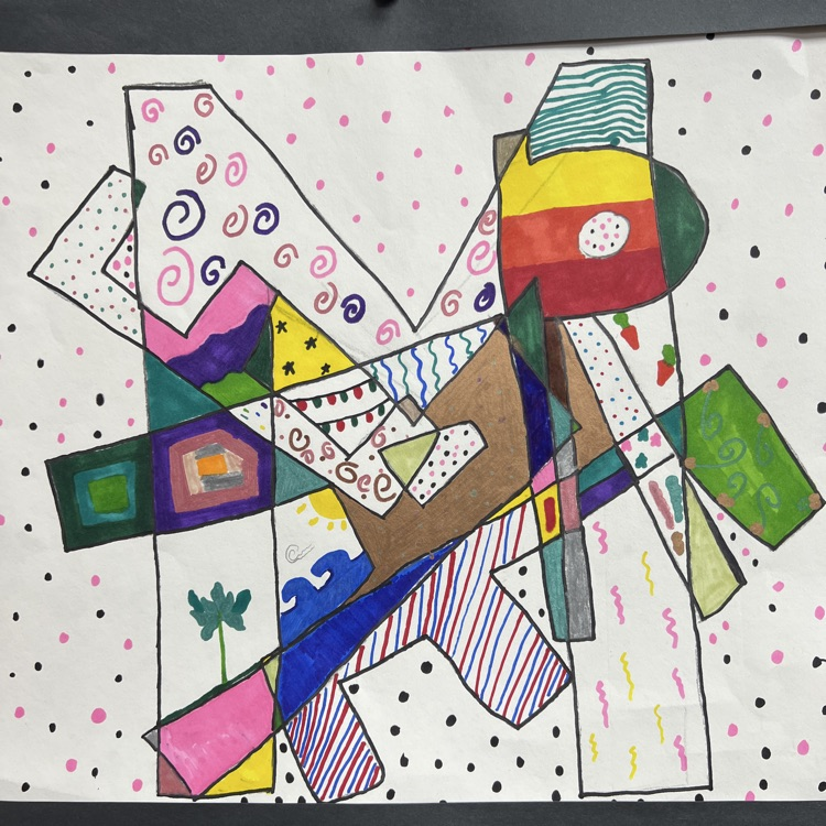 A colorful abstract drawing on a white background with various shapes, lines, and patterns.