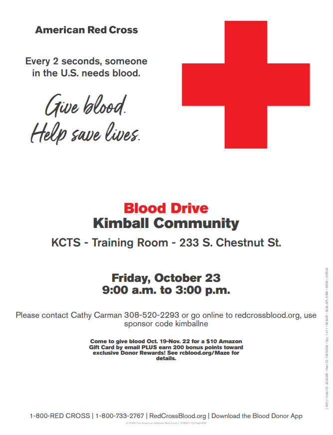 A poster with a large red cross and the text "Give blood. Help save lives." Below, it reads "Blood Drive" and "Kimball Community" with a date and location.