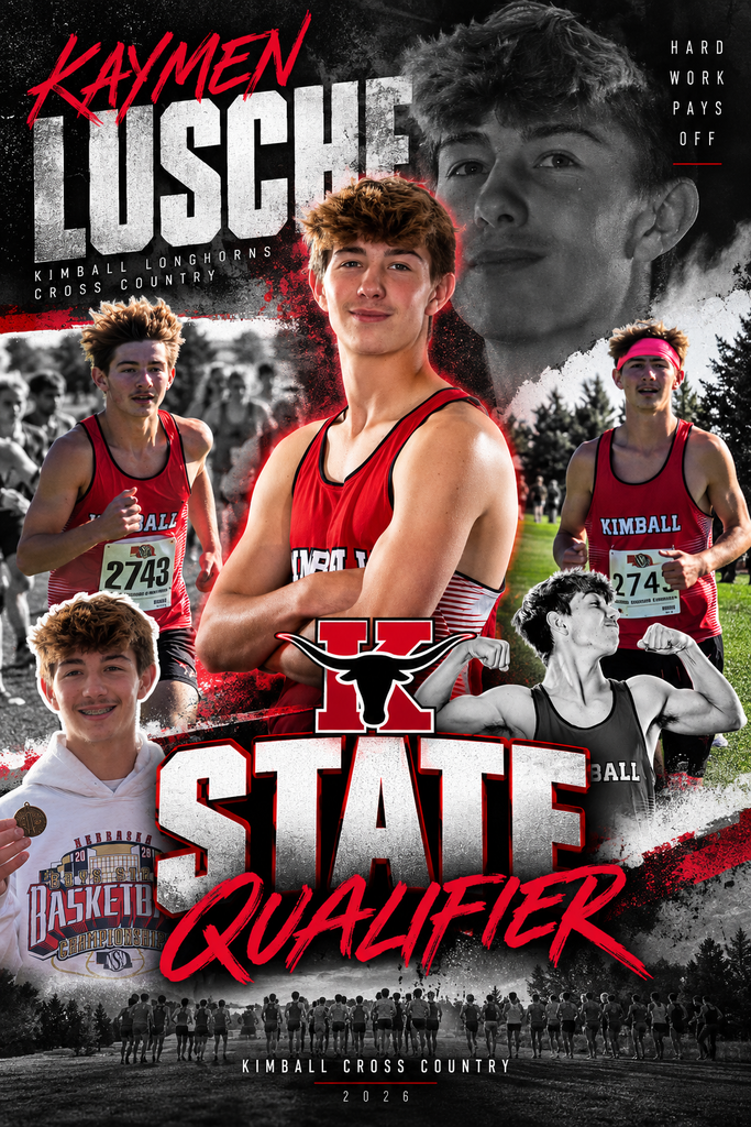 A collage of Kaymen  in running gear, with him in a red shirt, and the words "State Qualifier"