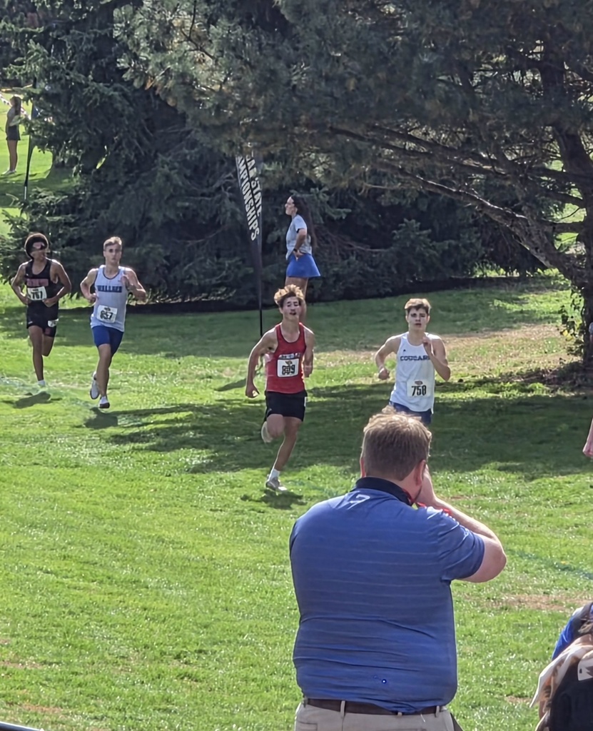 Runners in numbered shirts running in a park with trees. A man stands on the grass.