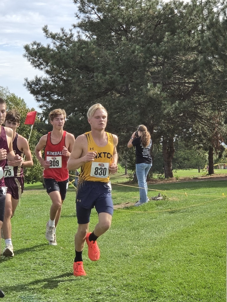 Four runners, wearing numbered bibs, running on a grassy field with a large tree in the background.