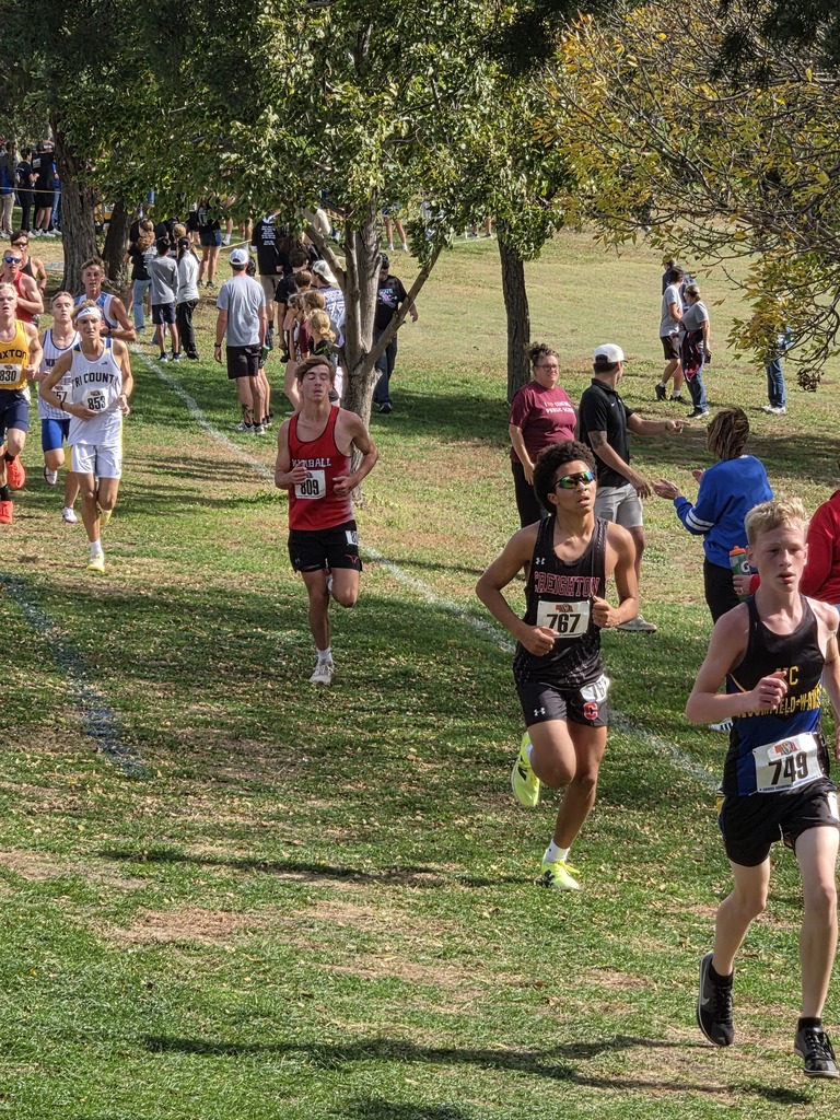 Runners in race uniforms sprint downhill on grassy field. Spectators stand along the sidelines. Trees and shrubs in background.