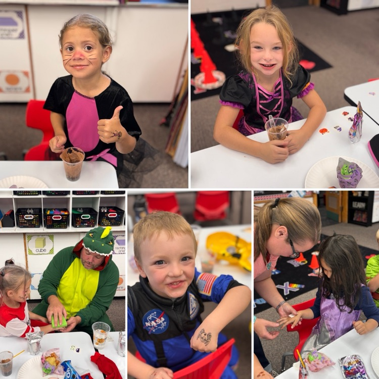 Multiple images of children sitting at tables in a classroom, one child giving a thumbs-up