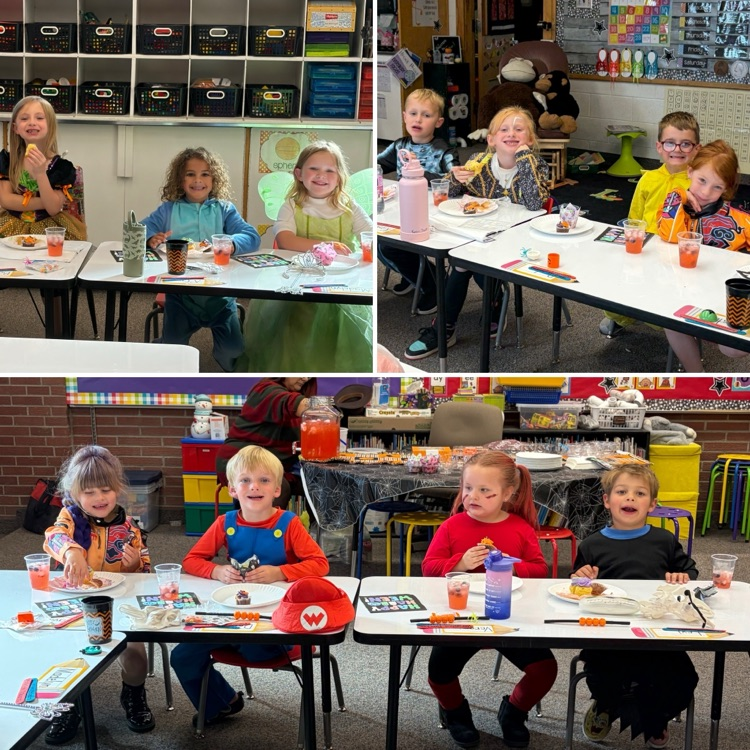 Four photos of students in a classroom, some eating, some painting, sitting at tables with art supplies.