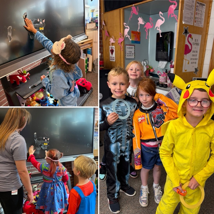A collage of four photos of children and an adult in a classroom. One child writing on a board.