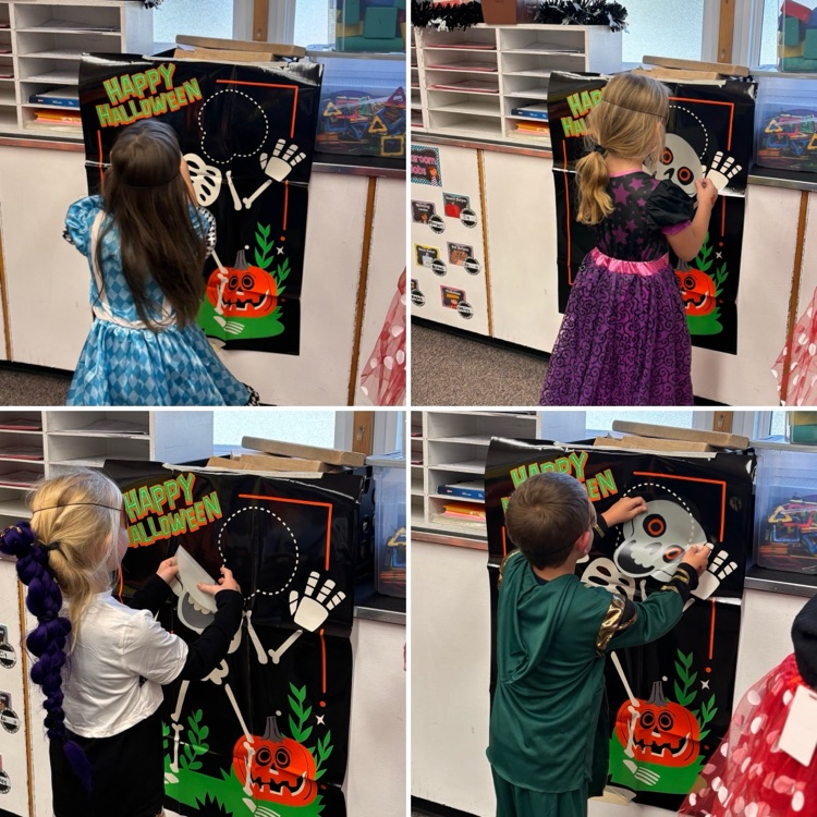 Four images of children interacting with Halloween displays. One child wears a blue dress, another a green shirt.