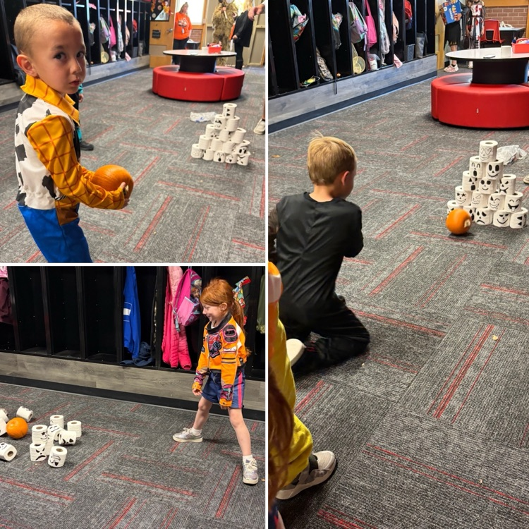 Three photos showing children playing with cups, balls, and dice in a locker room.