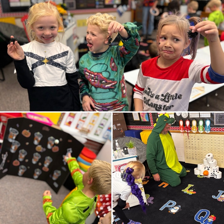 Four young children, two girls and two boys, with faces painted, wearing costumes and making funny faces.