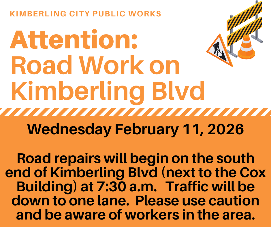 Road Work Begins on the South End of Kimberling Blvd on February 11 at 7:30 a.m.  Kimberling Blvd will be down to one lane.