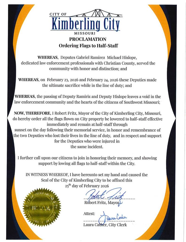 An image showing a proclamation from Mayor Bob Fritz ordering flags at half staff in honor of the fallen Christian County Deputies