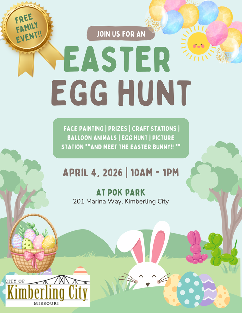 Green image with easter eggs, easter basket, ballons and the easter bunny inviting everyone to the City Easter Egg Hunt on Saturday April 4 from 10:00 a.m. to 1:00 p.m.