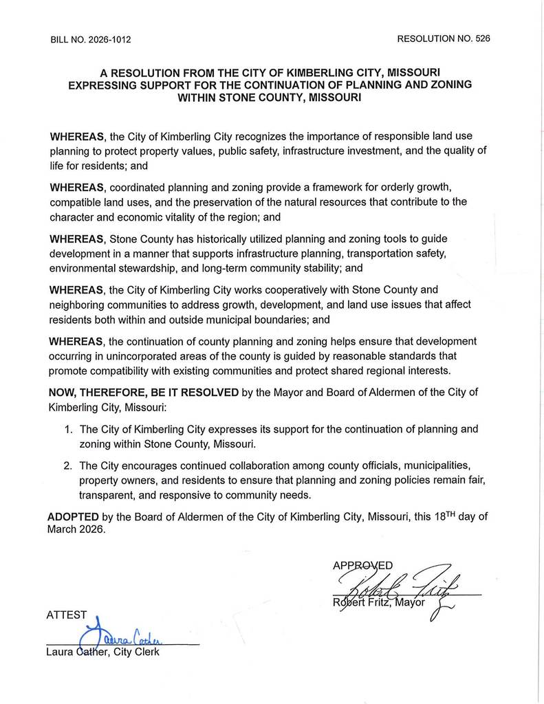 Board of Alderman Resolution supporting the continuation of Stone County Planning and Zoning