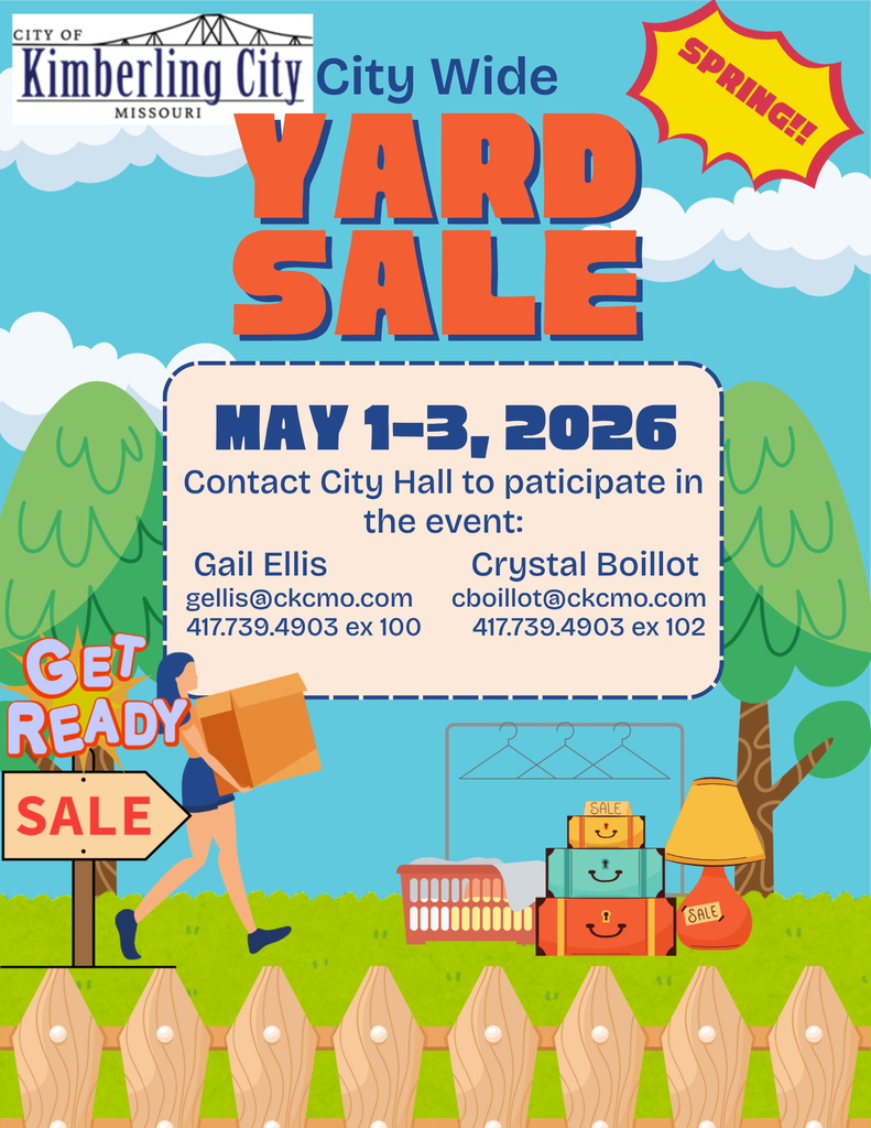 City Wide Yard Sale Flyer with a bright blue sky, a lady walking in the grass carrying items by a sign that says Get Ready Sale!