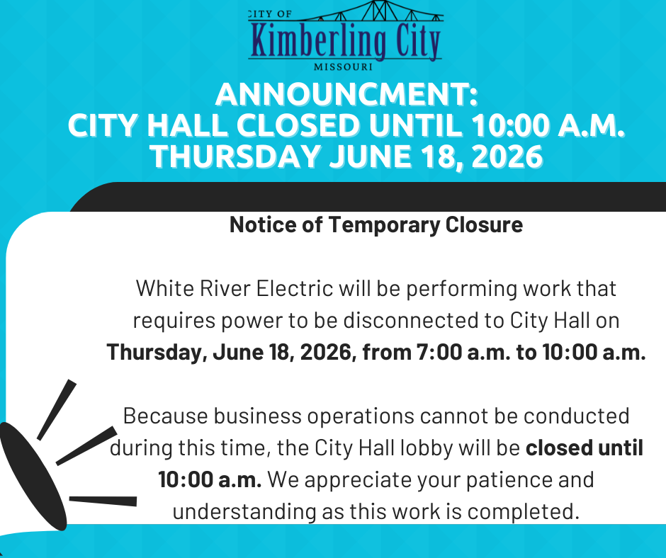 Blue background with white box stating City Hall is closed until 10:00 a.m. on Thursday June 18 due to disconnected power.