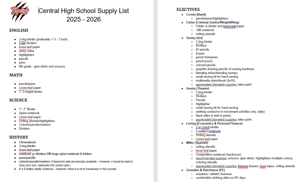 Supply List CHS