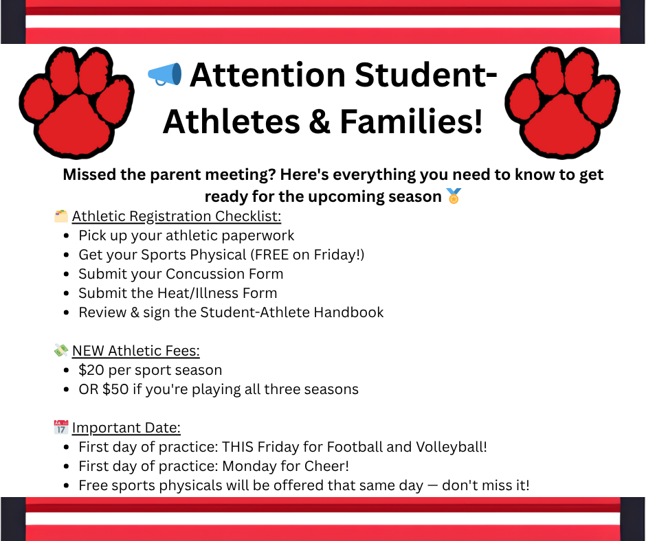 📣 Attention Student-Athletes & Families! Missed the parent meeting Here's everything you need to know to get ready for the upcoming season 🏅 🗂️ Athletic Registration Checklist Pick up your athl