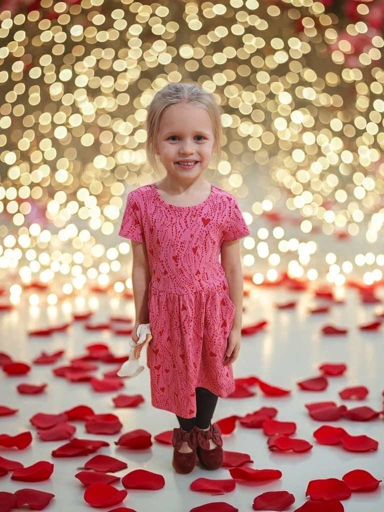 A little girl smiling with a Valentine's backdrop.