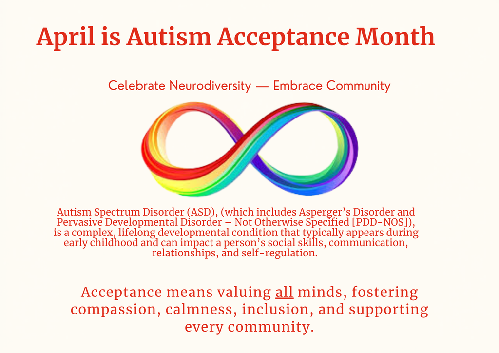 Autism Acceptance Month Visual defining Autism and acceptance.  An infinity symbol is included.