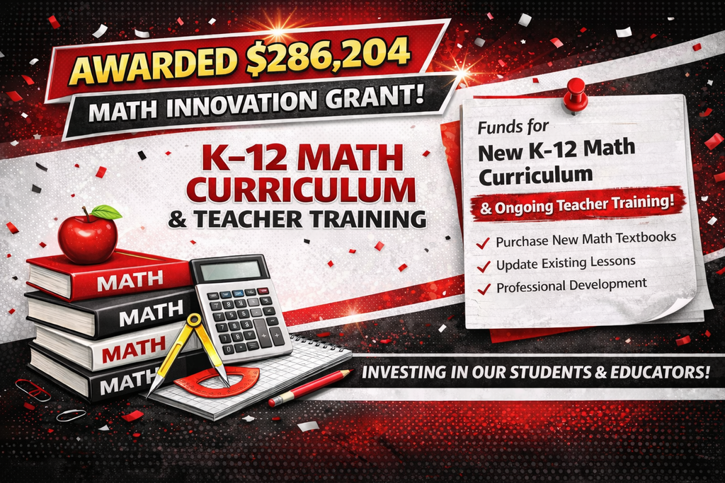 Math Innovation Grant Awarded $285,204 with confetti in the background and math books and supplies in corner