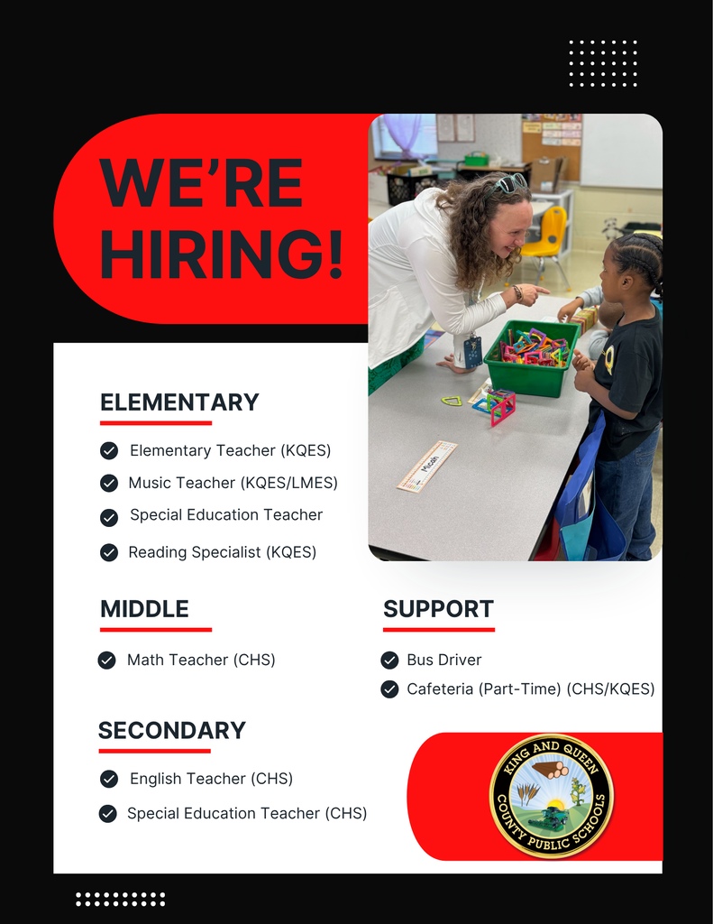 We're hiring flyer which lists active positions for KQPS. Includes our logo and a photo of a teacher working with two students.