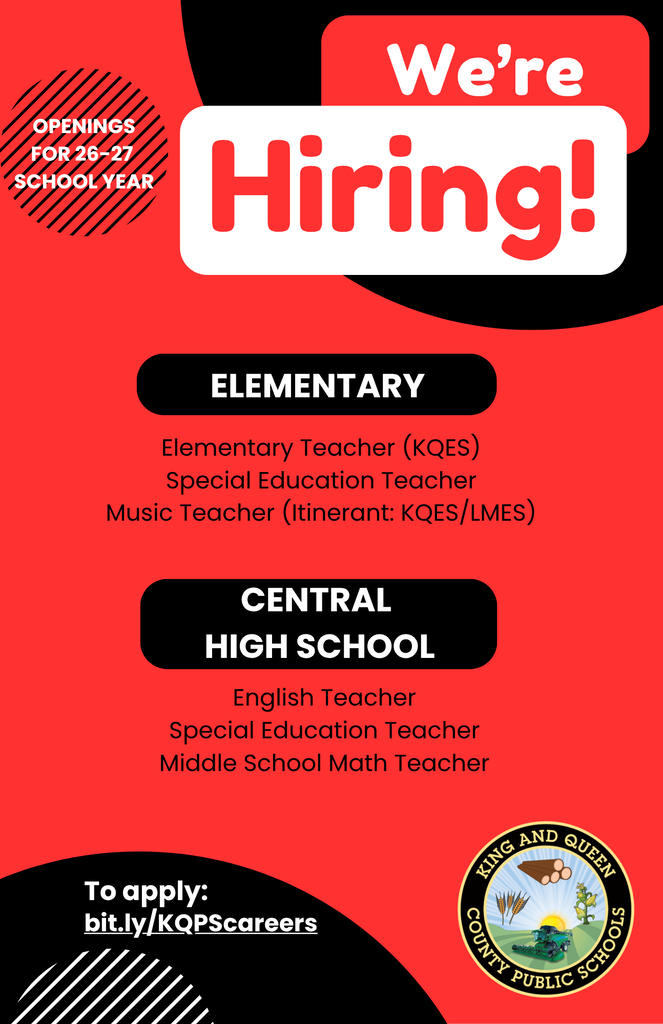 We're hiring flyer which lists positions for elementary (Elementary Teacher, Special Education Teacher, and Music Teacher) and Central High School (English Teacher, Special Education Teacher, Middle School Math teacher). Logo in bottom right corner.