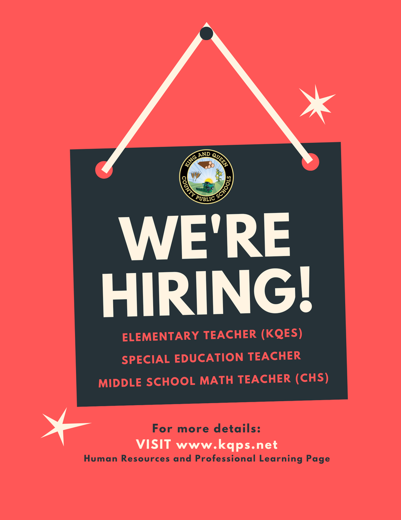 Red and Black Bold We're Hiring Sign with KQPS Logo and positions: Elementary Teacher (KQES), Special Education Teacher, Middle School Math Teacher (CHS)