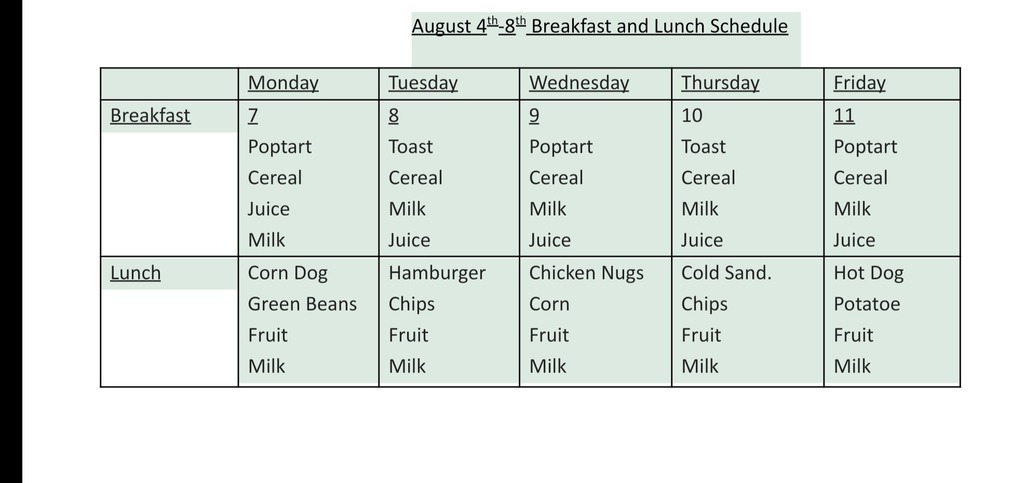Jump Start Meal Schedule