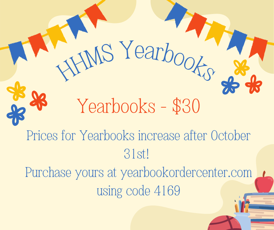Yearbooks on sale until 10/31 at $30. Order at yearbookordercenter.com using code 4169