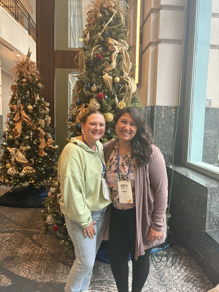 CSPS and AES Music Teachers posing in front of 2 Christmas Trees at the VMEA Conference