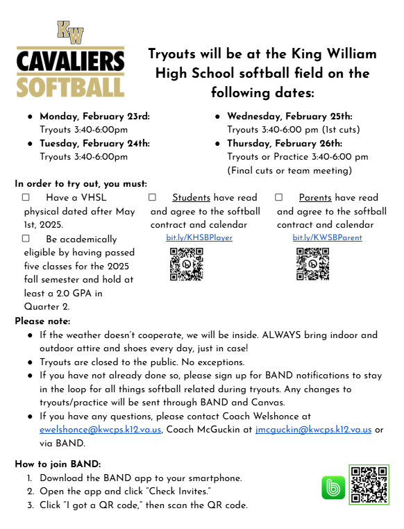 Cavaliers Softball Information 