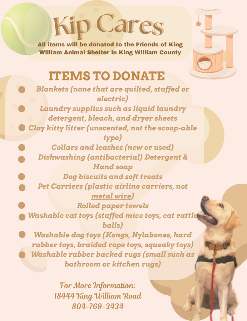 Kip Cares request for donations for the shelter