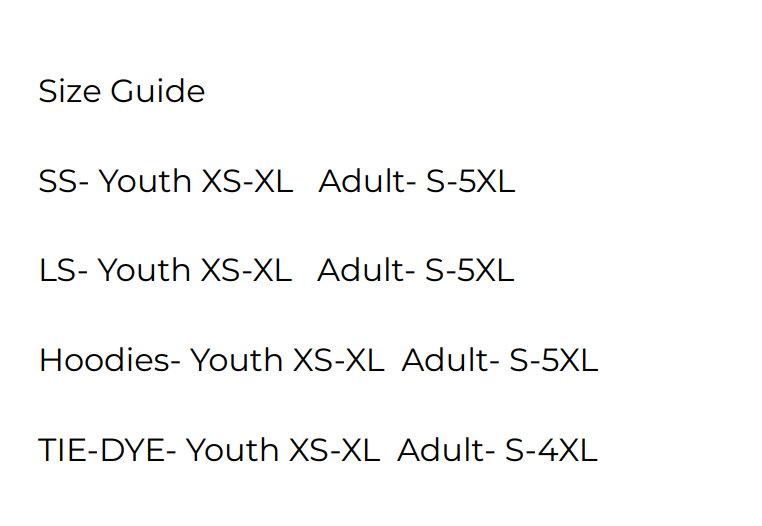 Size Guide Youth XS to XL and Adult S to 5XL