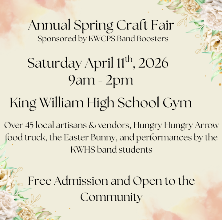 KWCPS Band Boosters Spring Craft Fair! Saturday April 11, 2026 from 9am to 2pm in the KWHS Gym. Free admission and open to all 