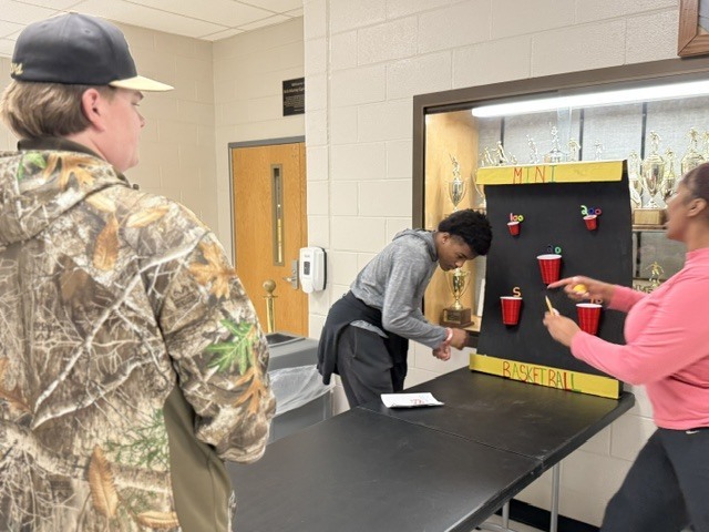 Students playing ball toss carnival game