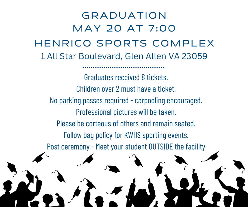 Graduation reminders - Children over 2 must have a tickets, No parking passes required, Follow bag poilicy for sporting events, Meet students outside after ceremony