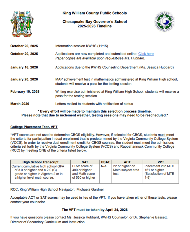 CBGS timeline for 2025-2026