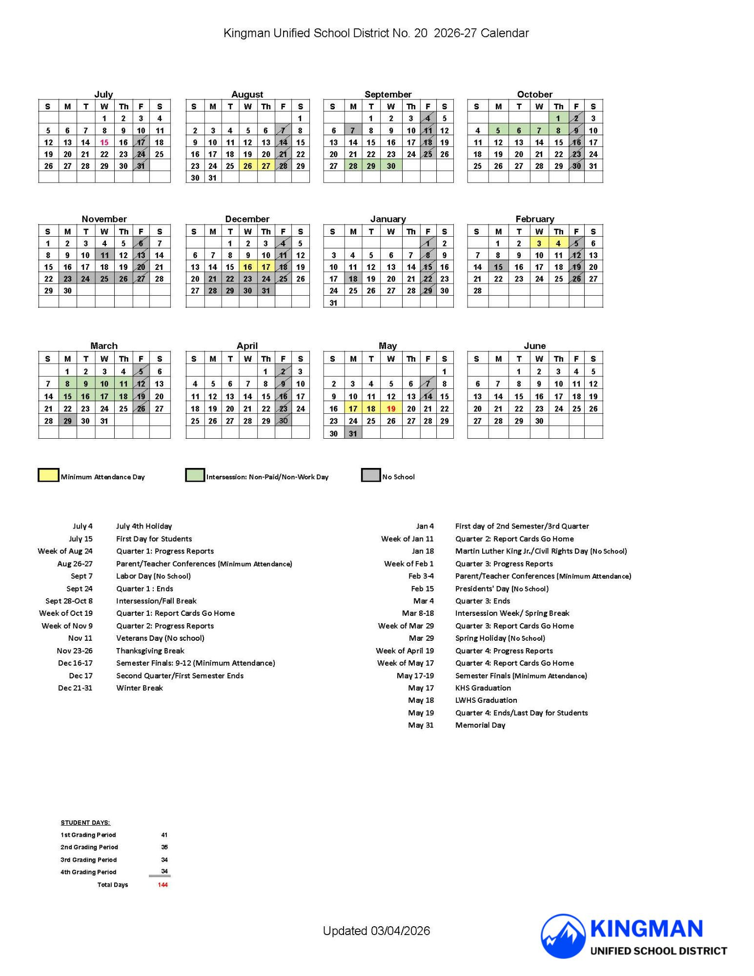 The 2026-27 Academic Calendar is now available! | Kingman Unified School District #20