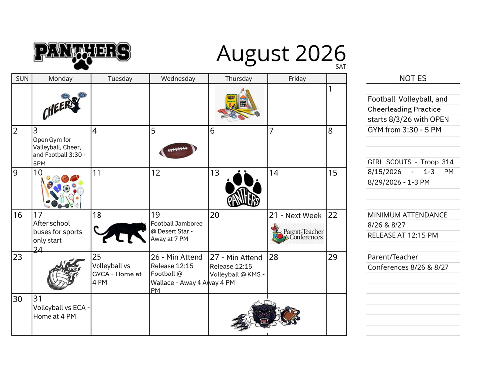 BMS August 2026 Calendar