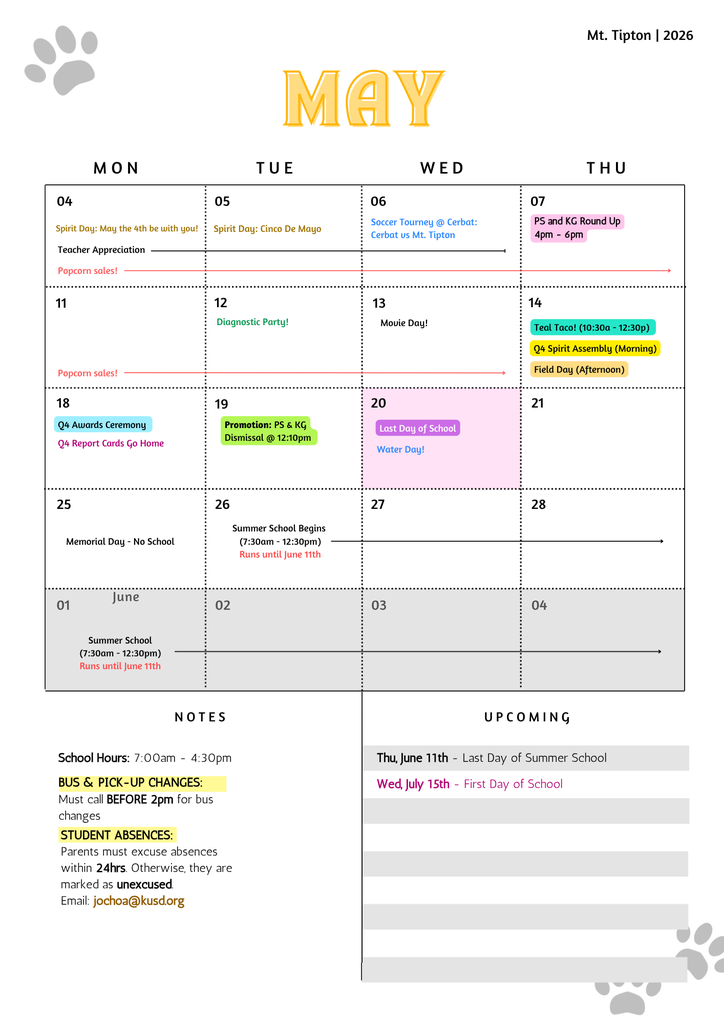 School calendar - May 2026