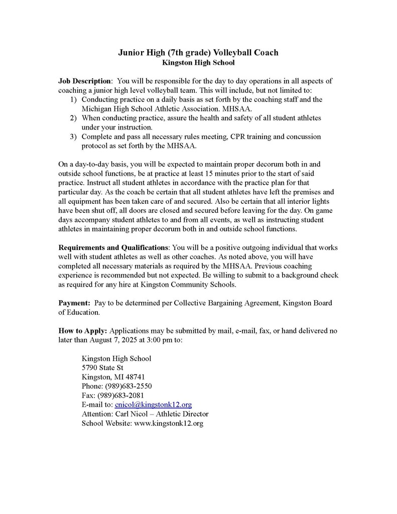 External Job Posting Jr High Volleyball